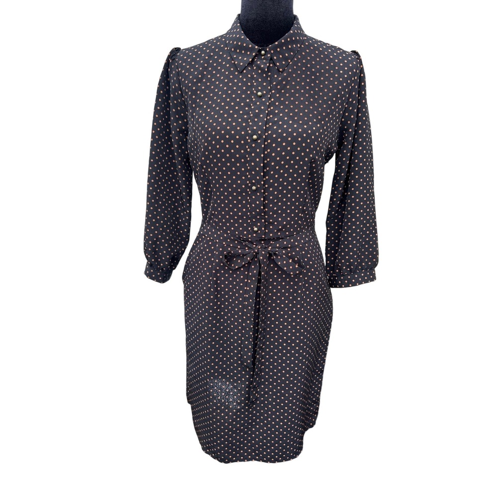 Love 21 Forever 21 Polka Dot Shirt Dress Black Tan‎ Tie Waist NWT Small